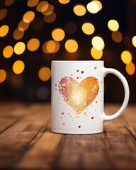 Canvas Print - White Coffee Mug with Heart Design on Wooden Table 