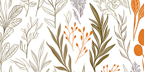 Sticker - Botanical Line Art: A vibrant collection of hand-drawn foliage, featuring various leaves, branches, and berries in autumnal hues, creating a seamless and elegant pattern. 