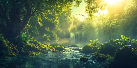 Sticker - Enchanted Forest Stream:  Sunlight filters through the dense canopy of a mystical forest, illuminating a tranquil stream cascading over mossy rocks. Birds soar overhead.