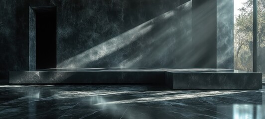 Fototapete - Dark Minimalist Studio Room with Abstract Cement Wall and Textured Surfaces for Product Display