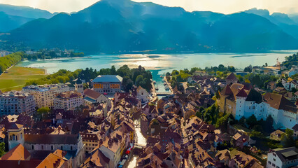 Wall Mural - Annecy, France. Watercolor illustration. Historical city center with the Thiou river. Annecy is a city in the Alps in southeastern France, Aerial View