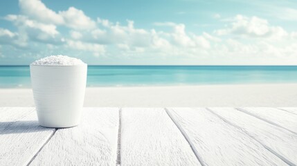 Wall Mural - A cup filled with sugar sits on a wooden table, with a scenic beach view in the background, creating a serene and inviting atmosphere.