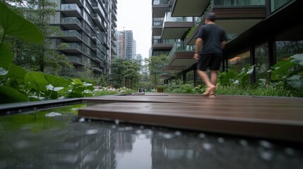 A man strolls on a wooden deck, surrounded by urban scenery, showcasing the blend of nature and city life.