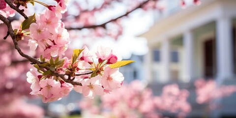 Wall Mural - Pink Flowering Tree Branch in Full Bloom blurred house in background