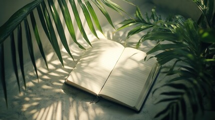 Canvas Print - Open Notebook Surrounded by Lush Greenery