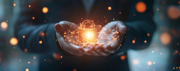 Wall Mural - Cyber security and data protection. Businessman holding padlock protecting business and financial data with virtual 