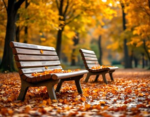 Wall Mural - Autumn Park Benches Covered in Golden Leaves