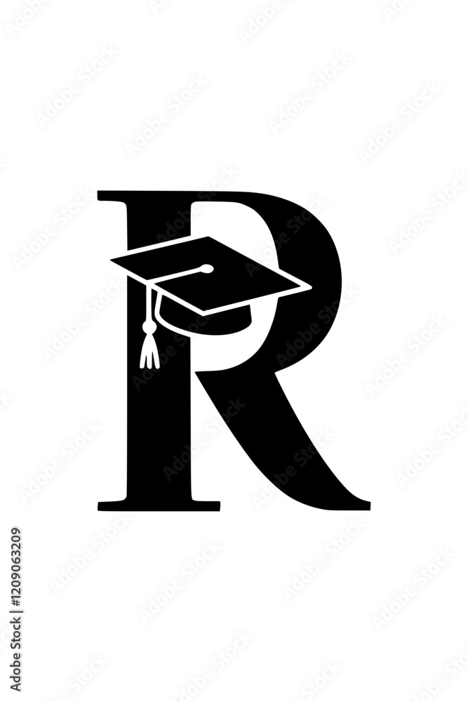 Grade R Graduation Symbol Graduation Cap on Letter R Symbol, Black and white illustration of the ...