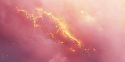 Poster - Celestial Sunrise: An ethereal panorama of a mountainous landscape, bathed in the warm hues of a vibrant sunrise, as clouds billow and create an otherworldly glow.  