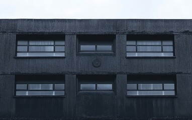 A striking black building features a prominent clock on its facade, combining modern architecture with functional design elements.