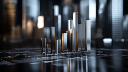 Aufkleber - A D bar chart with metallic, gradient bars rising from a financial graph, showing growth and progress, with a modern digital interface in the background