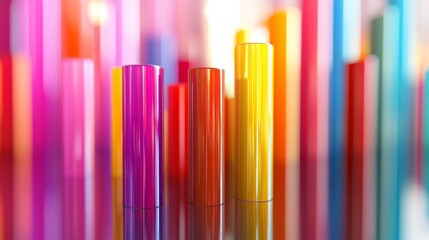 Leinwandbilder - A D bar graph with tall, glossy pillars in various colors rising from a reflective surface, symbolizing financial growth and performance analysis