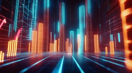 Poster - A D financial chart with rising columns and a glowing trendline, placed over a sleek digital grid with futuristic design elements