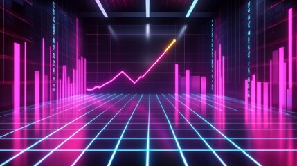 Poster - A D financial chart with rising columns and a glowing trendline, placed over a sleek digital grid with futuristic design elements
