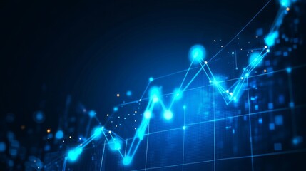 Fototapete - A D financial line graph with smooth, curving lines connecting glowing points, showing a steady upward trend against a dark digital landscape