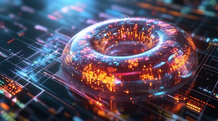 Poster - A close-up of a futuristic D donut chart with segmented, glowing parts, floating above a digital grid, representing complex financial data