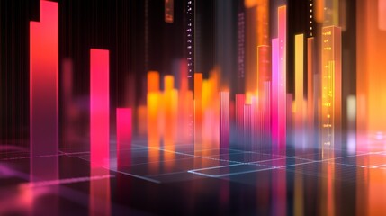 Poster - A colorful D bar chart with tall, gradient-colored bars rising from a digital financial dashboard, with numbers softly glowing in the background