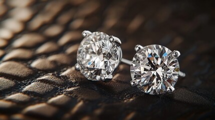 Leinwandbilder - A detailed macro view of a pair of classic diamond earrings resting on a textured surface, with soft shadows enhancing the depth and dimension