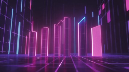 Poster - A futuristic D bar chart with tall, glowing columns and an upward trending arrow, hovering over a dark digital background filled with grid patterns
