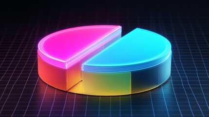 Leinwandbilder - A futuristic D pie chart with floating segments, each glowing with neon lights, set against a dark grid background, representing financial data visualization