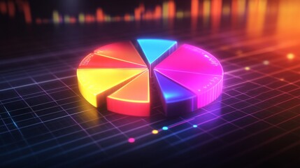 Leinwandbilder - A futuristic D pie chart with floating segments, each glowing with neon lights, set against a dark grid background, representing financial data visualization