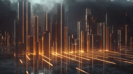 Fototapete - A futuristic financial bar chart with glowing bars in metallic tones, displayed on a reflective surface with subtle digital elements in the background