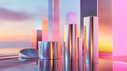 Fototapete - A futuristic financial bar chart with glowing bars in metallic tones, displayed on a reflective surface with subtle digital elements in the background