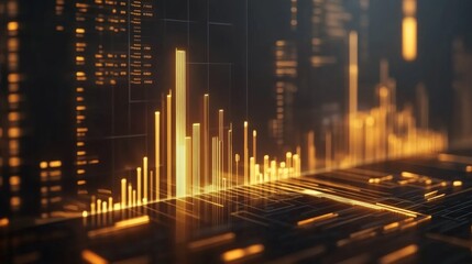 Leinwandbilder - A high-tech D bar chart with luminous bars arranged in a smooth, upward trend, set against a dark, futuristic financial dashboard