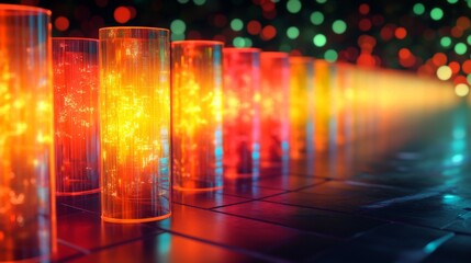 Leinwandbilder - A row of vibrant, glass-like bars in a financial bar chart, with each bar glowing softly against a sleek, dark grid background, representing economic growth
