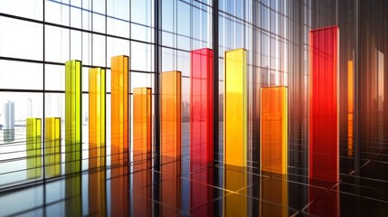 Leinwandbilder - A row of vibrant, glass-like bars in a financial bar chart, with each bar glowing softly against a sleek, dark grid background, representing economic growth