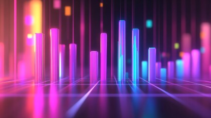 Poster - A row of vibrant, glass-like bars in a financial bar chart, with each bar glowing softly against a sleek, dark grid background, representing economic growth
