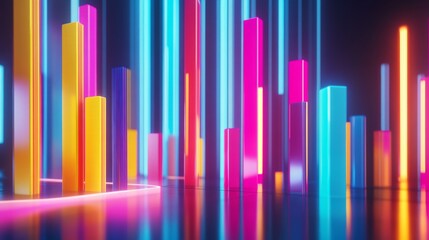Fototapete - A set of glossy D bars rising dramatically from a financial dashboard, with neon highlights and subtle lighting effects to convey financial growth