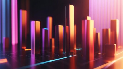 Poster - A set of glossy D bars rising dramatically from a financial dashboard, with neon highlights and subtle lighting effects to convey financial growth