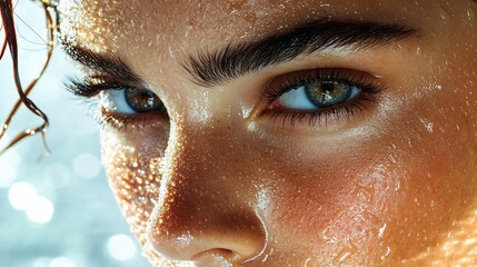 Wall Mural - Close-up woman's face, wet skin, ocean background, beauty