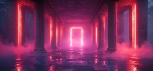Fototapete - Futuristic Neon Dance Club Stage with Geometric Shapes and Hazy Fog in Cyberpunk Style