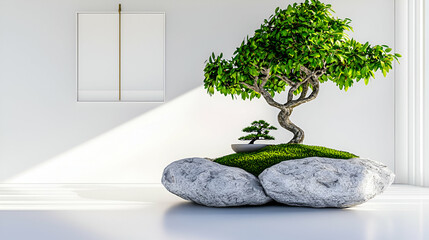 Sticker - A serene indoor scene featuring a bonsai tree on a rocky base, illuminated by natural light, creating a tranquil atmosphere.