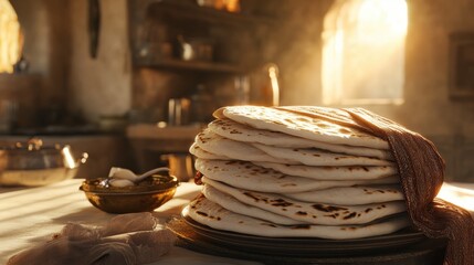 Freshly Baked Bread Stacked in Warm Kitchen Atmosphere