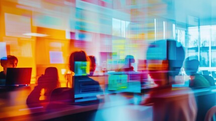 Blurred image of programmers working on laptops in a modern office.