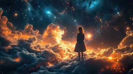 Wall Mural - Girl gazing cosmos, cloudscape, dreamscape, hope, artwork, fantasy