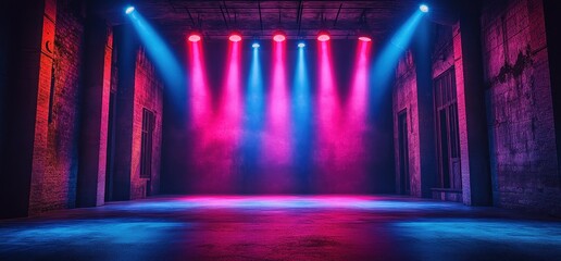 Poster - Dynamic Stage Setting with Blue and Pink Spotlights in Dark Empty Club Corridor