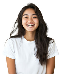 PNG Asian woman in a white T-shirt happy laughing t-shirt.