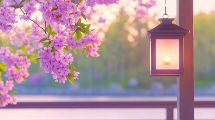 Wall Mural - Pink Blossoms and Evening Lantern Light Scene