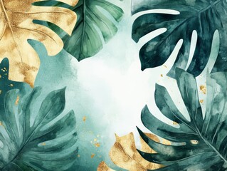 Wall Mural - Watercolor and Gold Leaves Herbal Illustration - Botanic Tropical Composition for Exotic Modern Design