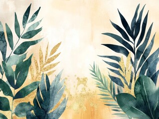 Wall Mural - Watercolor and Gold Leaves Herbal Illustration - Botanic Tropical Composition for Exotic Modern Design