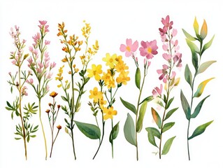 Wall Mural - Watercolor Arrangement of Garden Flowers, Bouquets with Pink, Yellow Wildflowers, Leaves, and Branches - Botanic Illustration for Floral Design and Nature Themes