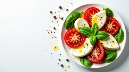 Wall Mural - A refreshing summer salad with creamy cheese and ripe tomatoes, garnished with fresh basil and a drizzle of olive oil