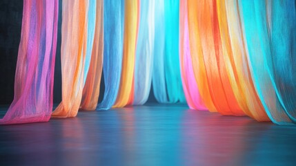 Wall Mural - Brightly colored drapes hang gracefully in an indoor space, forming a beautiful rainbow arch against a softly lit background