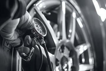 Wall Mural - Close up of a car checking air pressure on wheel