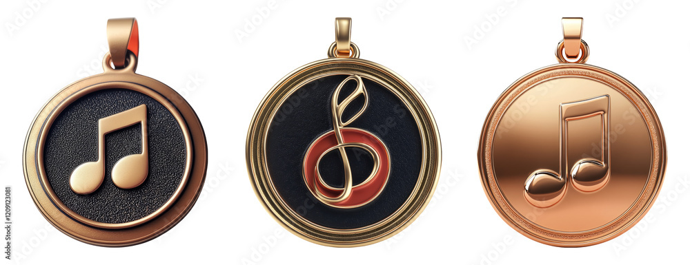 Three distinct musical note medals displayed on a transparent ...
