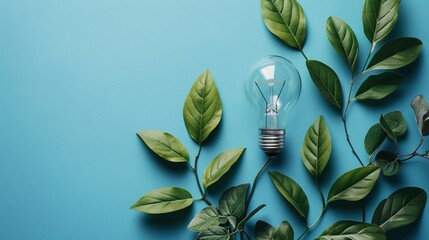 Light bulb with green leaves on blue background.